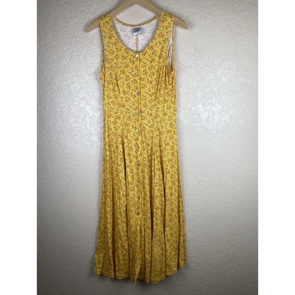 Laura Ashley Dresses & Skirts - Vtg Laura Ashley 10 Floral Tank Dress Fit Flare MIDI Prairie Yellow button down